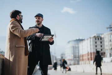 Two stylish businessmen discussing work on digital tablet outdoors.