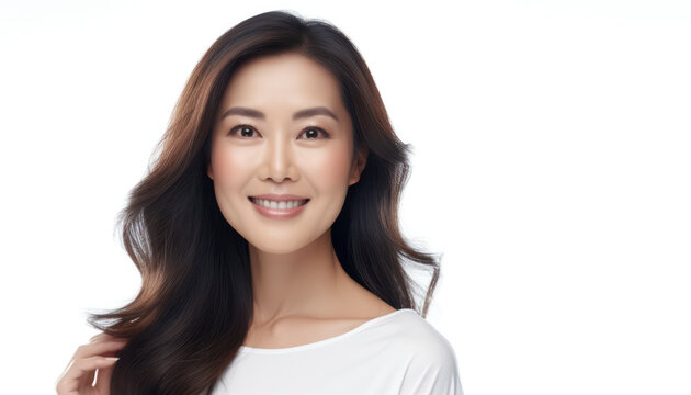 Smiling brunette Asian woman exudes happiness in a casual studio portrait, showcasing her youthful beauty and confident expression