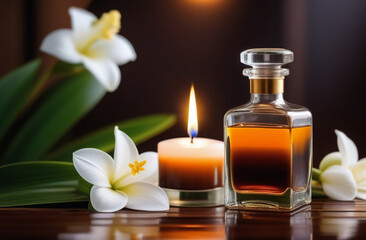 bottles of aromatic oil among tropical flowers and burning candles, relaxation and massage session