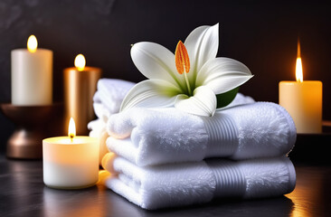 Obraz na płótnie Canvas a stack of white towels in a beauty salon against a background of burning candles