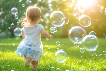 Child Running on a Lawn with Soap Bubbles
