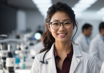 Beautiful young woman scientist wearing white coat and glasses in modern Medical Science Laboratory with Team of Specialists on background.