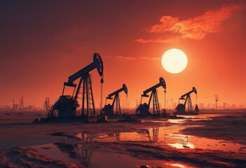 The change in oil prices caused by the war. Oil price cap concept. Oil drilling derricks at desert oilfield. Crude oil production from the ground. Petroleum production.