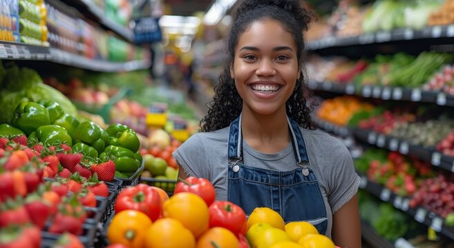 A joyful woman stands proudly among a colorful display of fresh, local and natural foods, promoting a wholesome and sustainable diet while supporting her community's market economy