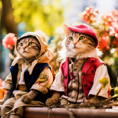 Two cats dressed as human outside in summer garden sitting on wooden bench  