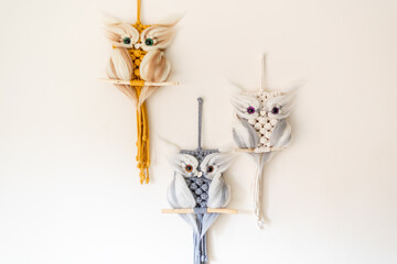 Three macrame owls in different colours hanging on the wall.