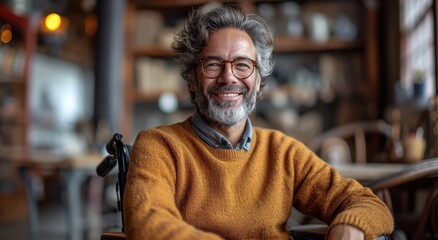 A contented man with a kind smile sits in his wheelchair, surrounded by indoor furniture, wearing glasses and a beard, exuding warmth and joy despite his physical limitations