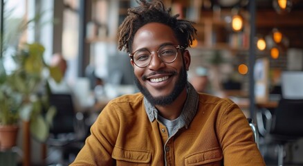 Fototapeta premium A joyful man confidently stands in front of a modern building, his warm smile and stylish glasses radiating a sense of contentment as he blends in seamlessly with the vibrant outdoor plants