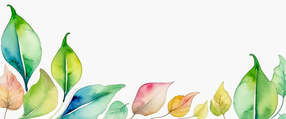 Colorful leaves form a border at the bottom of the white background. Illustration in watercolor style.