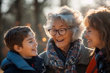 Fototapeta premium Happy Elderly with Grandchildren Smiling Senior with Loving Family