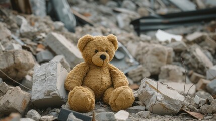  teddy bear sitting on a pile of rubble representing