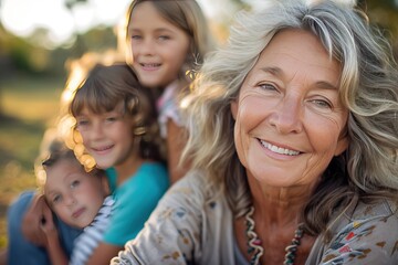 Obraz premium Happy Elderly with Grandchildren Smiling Senior with Loving Family
