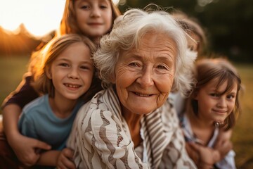 Fototapeta premium Happy Elderly with Grandchildren Smiling Senior with Loving Family