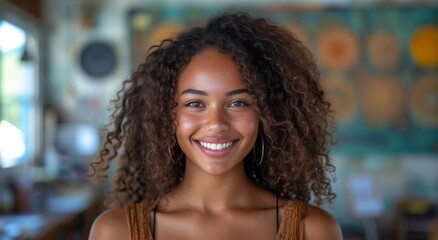 Obraz premium A joyful woman with a jheri curl smiles brightly at the camera, radiating confidence and warmth in an indoor setting