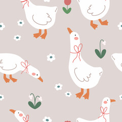 Cute seamless pattern with cute geese in flowers. Vector illustration