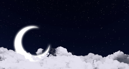 lightning moon on the white cloud with star background, empty space poster for ramadan eid mubarak