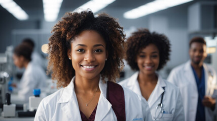 a group of young scientists in white coats and glasses in a modern medical science laboratory with a team of specialists in the background.
 - obrazy, fototapety, plakaty