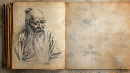 Fototapeta premium Ancient Wisdom : Minimalist Laozi Illustration On Note Book Grunge Page