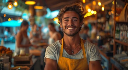 Obraz premium A contented man wearing a pristine apron beams with pride in his immaculate indoor kitchen