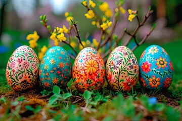 The variously decorated Easter eggs stand in the grass outside.