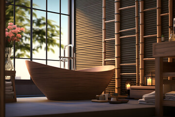 Japanese bathroom with a deep soaking tub bamboo