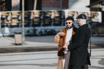 Two men engaging in a casual outdoor business discussion on a sunny day.