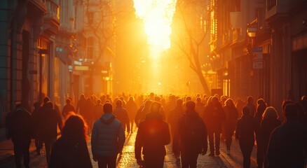 A group of people braving the scorching heat of the city streets, their silhouettes illuminated by the warm glow of streetlights and building flares - obrazy, fototapety, plakaty