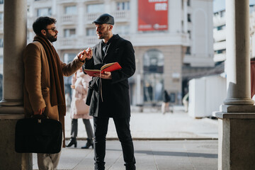 Two fashionable male professionals engage in a discussion while working together on a project in an...