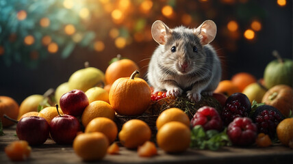 Mouse sitting on of a pile of fruit, Ai photo.
