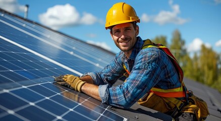 Fototapeta na wymiar Under the open sky, a dedicated engineer in a hard hat and workwear diligently harnesses the power of the sun through the intricate construction of solar panels