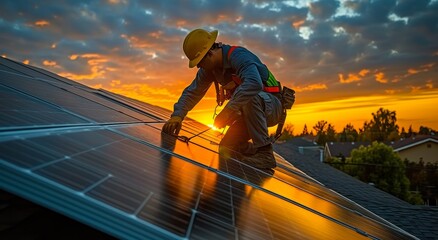 As the sun sets and clouds drift across the sky, a hardworking man diligently rides his ladder, installing solar panels to harness the power of the sun and help create a cleaner future - obrazy, fototapety, plakaty