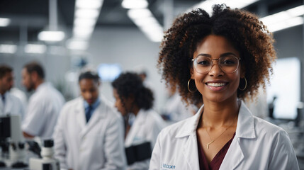 Beautiful young woman scientist wearing white coat and glasses in modern Medical Science Laboratory...