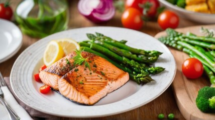 Delight your senses with this tantalizing image, presenting a perfectly cooked fish steak surrounded. medley of vibrant vegetables, offering a refreshing slice of meaty goodness for wholesome lunch
