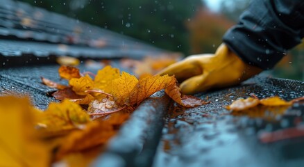 A solitary figure embraces the changing season, their hand slipping into a damp glove among the vibrant hues of autumn leaves