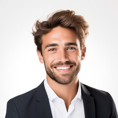 Studio portrait of a 20 year old business man smiling with a modern haircut. Advertisement for dental, business, studio, etc.