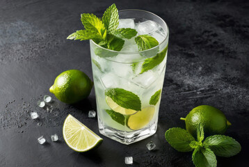 Mojito cocktail in a clear glass with alcohol, rum, sugar, lime, mint leaves, soda, ice, arranged on a concrete backdrop. for advertising media It is usually popular in summer. Refreshing drinks