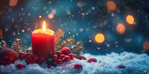 A Lit Advent Candle Surrounded By Glistening Snow On Christmas, Copy Space. Сoncept Holiday Lantern Decoration, Winter Wonderland Scene, Christmas Candlelight, Festive Snowy Landscape