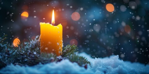 A Christmas Scene: A Lit Advent Candle Amongst Glistening Snow, With Space For Copy. Сoncept Magical Winter Wonderland, Festive Christmas Decor, Cozy Holiday Vibes, Twinkling Christmas Lights