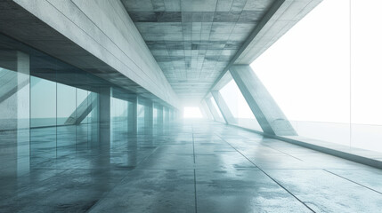 3d render of abstract futuristic glass architecture with empty concrete floor.