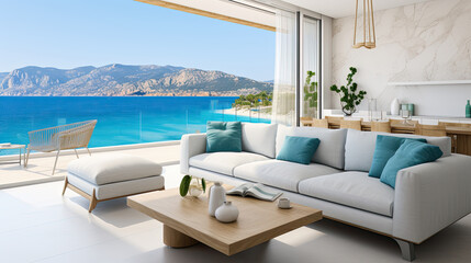 Minimalist bedroom interior of a Mediterranean-style house with access to the sea. Inside view.