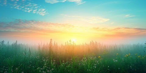 Tranquil And Peaceful Scene: Blossoming Grass Under Misty Morning Sky With Copy Space. Сoncept Delicate Flowers In Full Bloom, Serene Reflections On A Glassy Pond, Captivating Sunset Over A Calm Lake