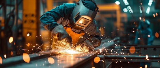 A Skilled Welder Creates Sparks While Fully Protected, Working On Metal. Сoncept Welding Safety Gear, Metal Fabrication, Sparking Welding, Skilled Welding, Welding Techniques - obrazy, fototapety, plakaty