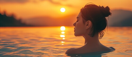 Beautiful Asian Woman Enjoys The Tranquility Of Hot Springs At Sunset. Сoncept Hot Springs Serenity, Asian Beauty, Sunset Tranquility