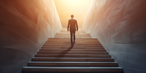 Premium Image Of A Businessman Climbing Stairs, Representing Career Growth, Strategy, And Determination. Сoncept Career Advancement, Business Strategy, Determined Achievements