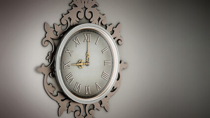 Vintage wall clock hanging on the wall. 3D illustration