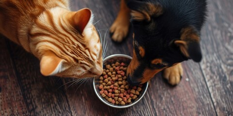 Pet Food Bowl Jointly Utilized By A Cat And Dog, With Available Copy Space. Сoncept Flexible Mealtime Solutions, Shared Pet Dining, Cross-Species Mealtime, Dual Pet Food Bowl, Multi-Pet Feeding