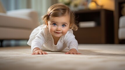 little, pretty baby girl crawling at home-a snapshot of joy and curiosity.