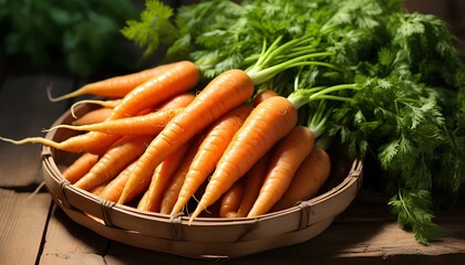 carrots. carrots in a basket. fresh carrots in a basket on a wooden table. bunch of carrots. carrot harvest season. carrots