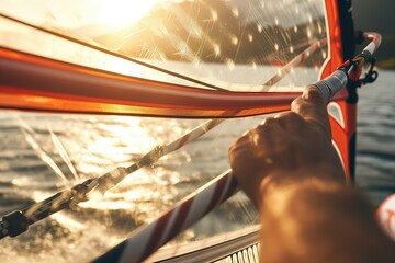 Capturing the Thrill: A Close-Up of a Windsurfer's Gripping Hand