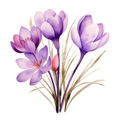 Purple crocus flower, isolated png background, watercolor illustration